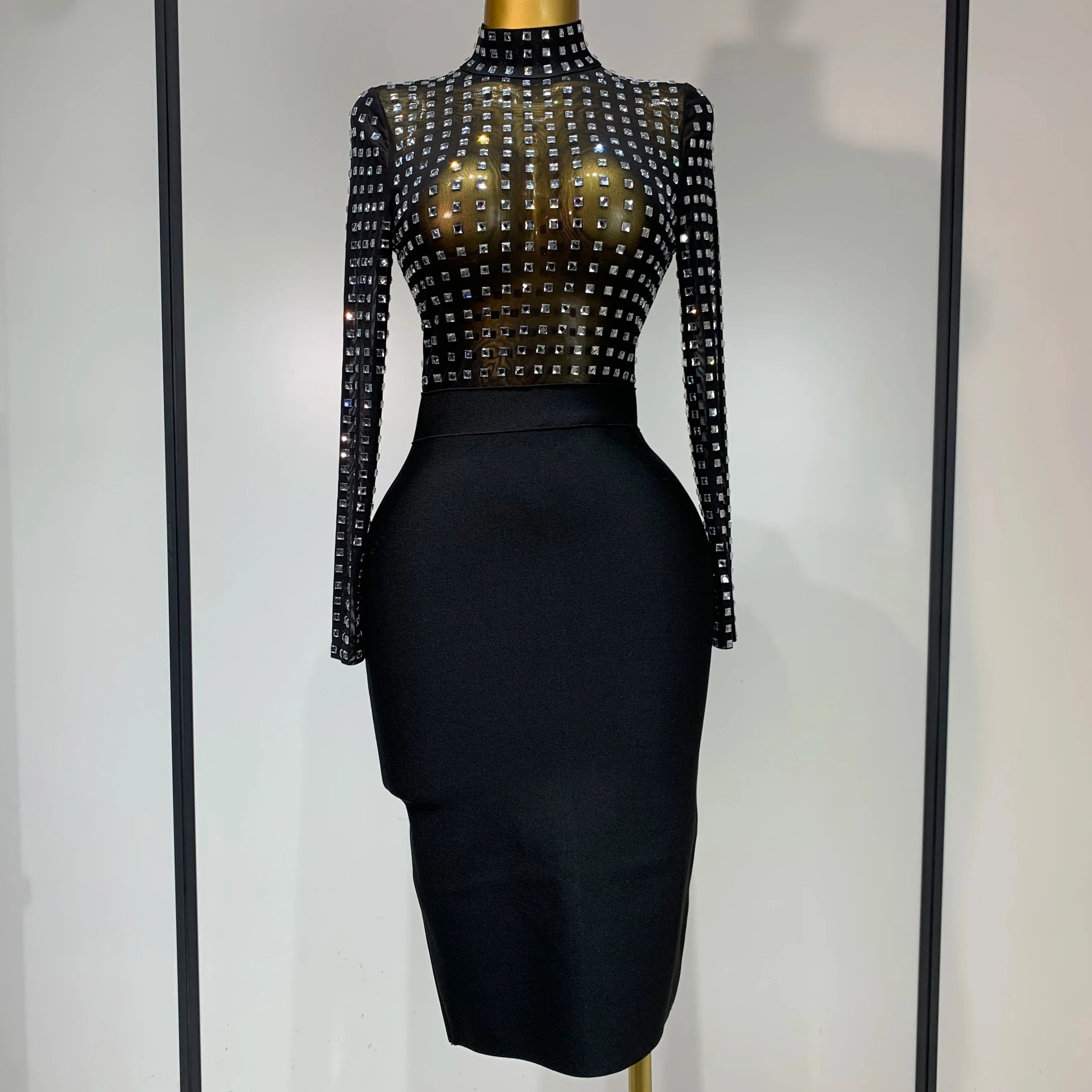 Celebrity Sexy Turtleneck Rhinestones Black Mesh Bodycon Bandage Dress Women  Elegant Evening Club Luxury Birthday Dress