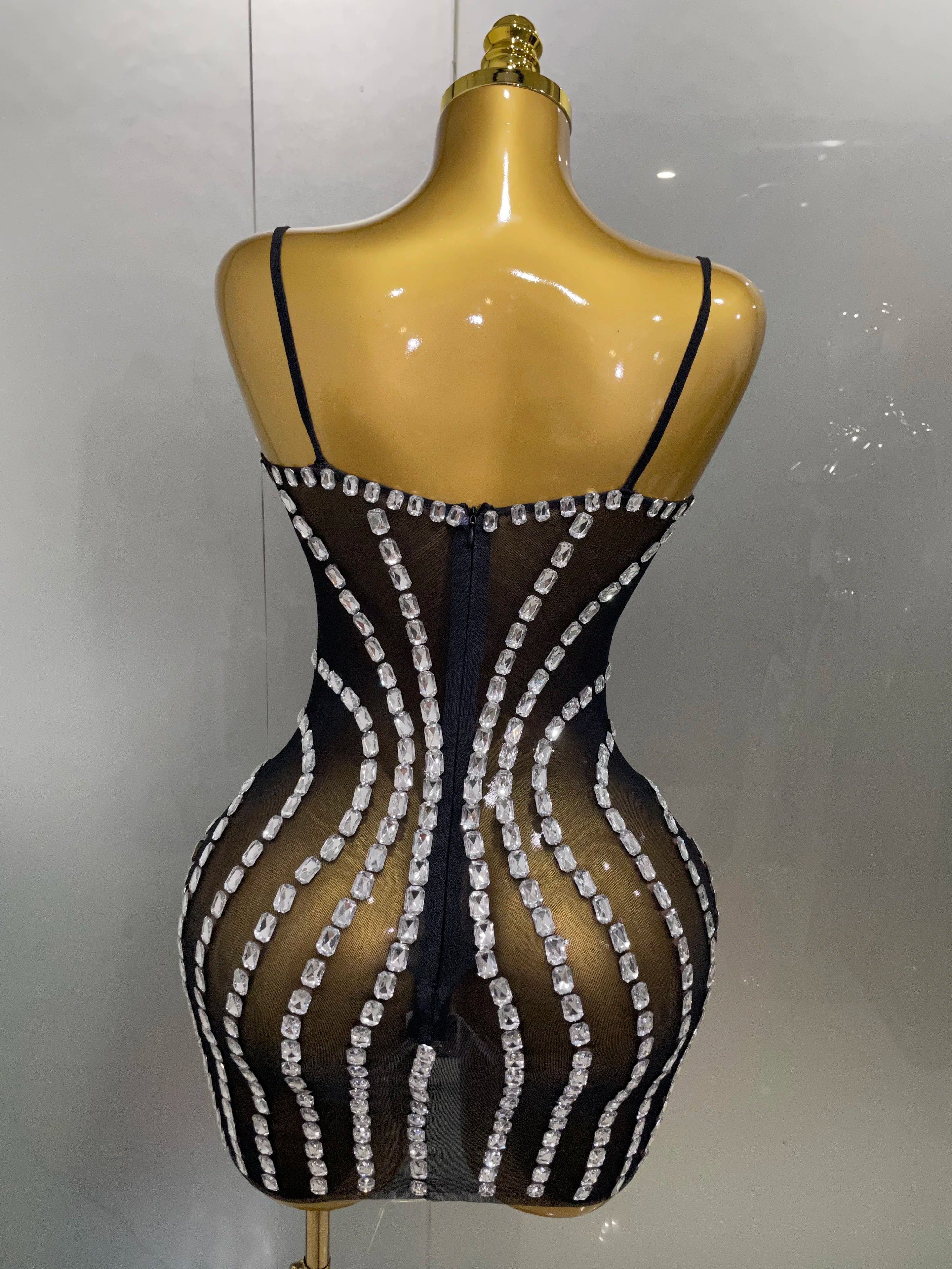 Sexy Sparkly Rhinestones Mesh See Through Short Slip Dress 2025Women Evening Birthday Party Prom Nightclub PhotoShoot Stage Wear