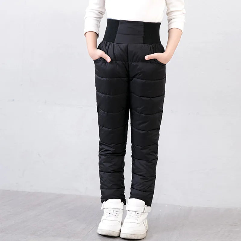 Casual Girl Boy Winter Pants Cotton Padded Thick Warm Trousers Waterproof Ski Pants 10 Years Elastic High Waisted Baby Kid Pant black
