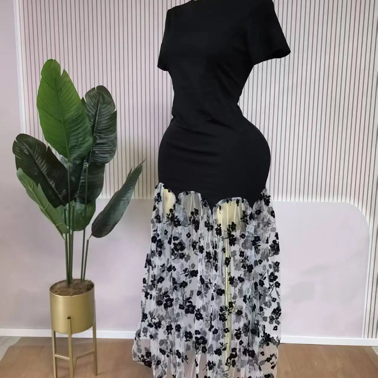 CM.YAYA Women Short Sleeve O-neck Mesh Floral Printed Long Maxi Bodycon Mermaid Dress 2025 Birthday Night Party Vestidos Dresses