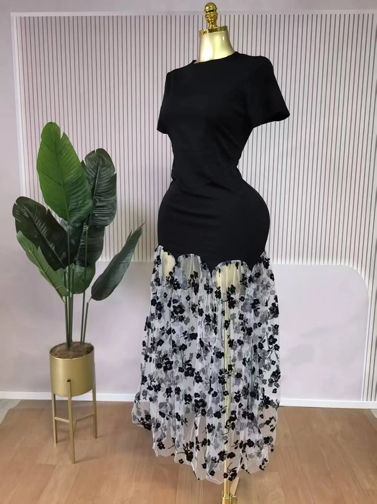 CM.YAYA Women Short Sleeve O-neck Mesh Floral Printed Long Maxi Bodycon Mermaid Dress 2025 Birthday Night Party Vestidos Dresses