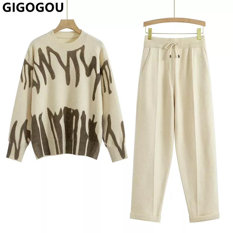 Gigogou İki Parçalı Kadın Sonbahar Kış Sweater Trailsuit Büyük boy harem pantolon takım elbise bayan gündelik sıcak örme set