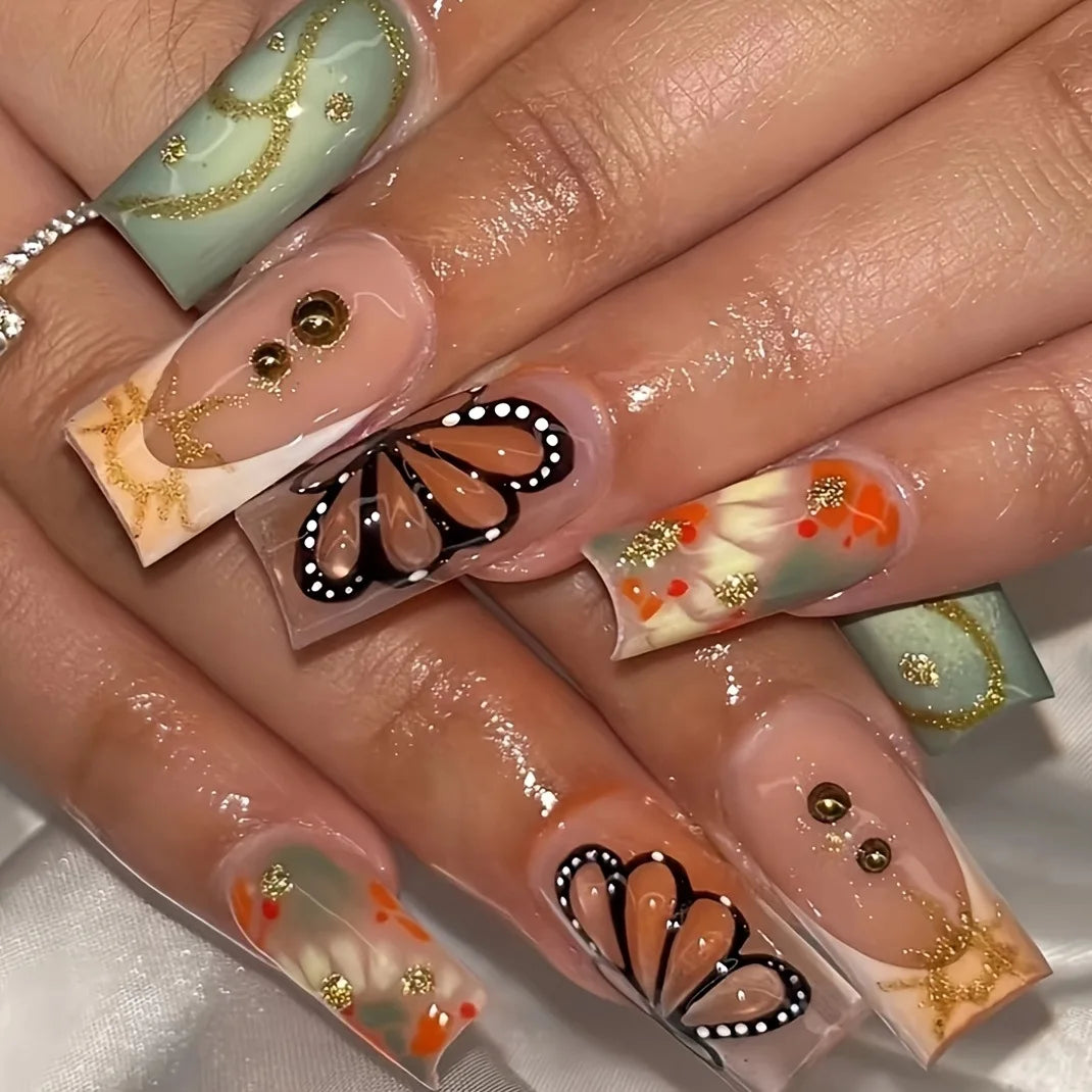 24Pcs Extra Long Square Press on False Nails with Butterfly Design Flowers Bow Pink Full Cover Nails Wearable Fake Nail Manicure