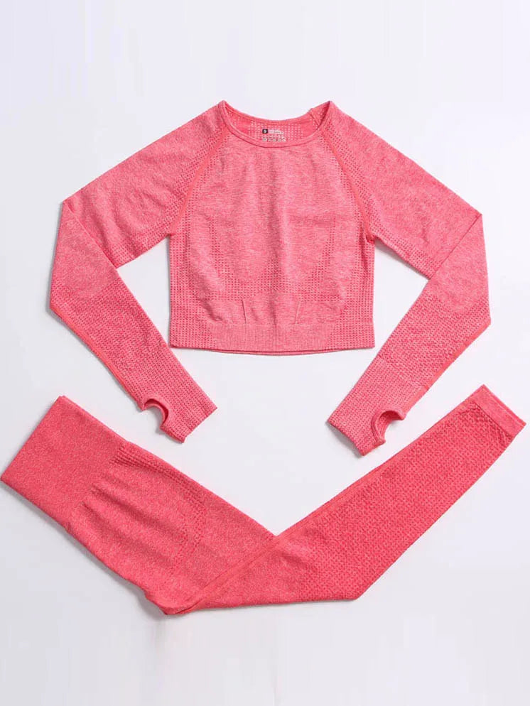 Set of 2 Women's Seamless Yoga Suit with Thumb Holes Long Sleeve Tops Gym Wear Fitness Workout Yoga Wear Leggings Long Pants Orange