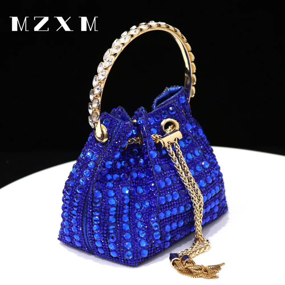 Rhinestones Women Evening Bags Bucket Design Party Day Clutch Soft Mixed Color Handle Design Handbags Purse Mature Blue 15x9x13cm