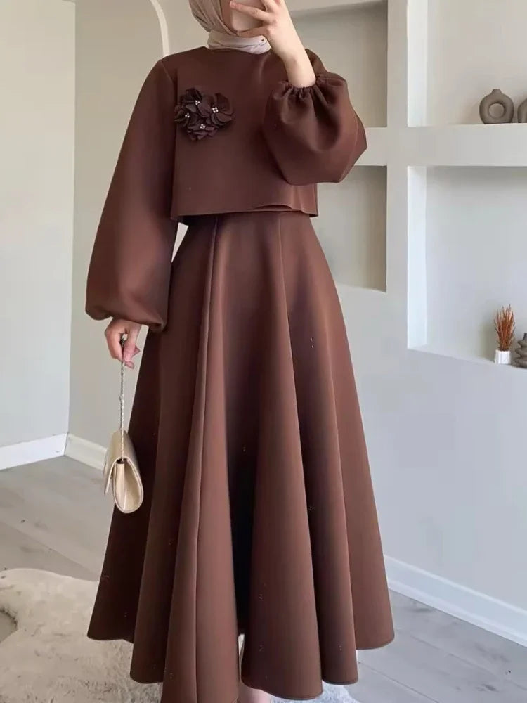 Ramadan Elegant 2 Piece Set Women Lantern Sleeve Flower Crop Top High Waist A-line Skirt Suit Spring Lady Abaya Turkey Sets
