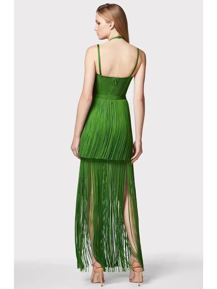 Women Celebrity Luxury Sexy Backless Tassel Green Ankle Length Bodycon Bandage Dress Elegant Evening Club Party Outfit