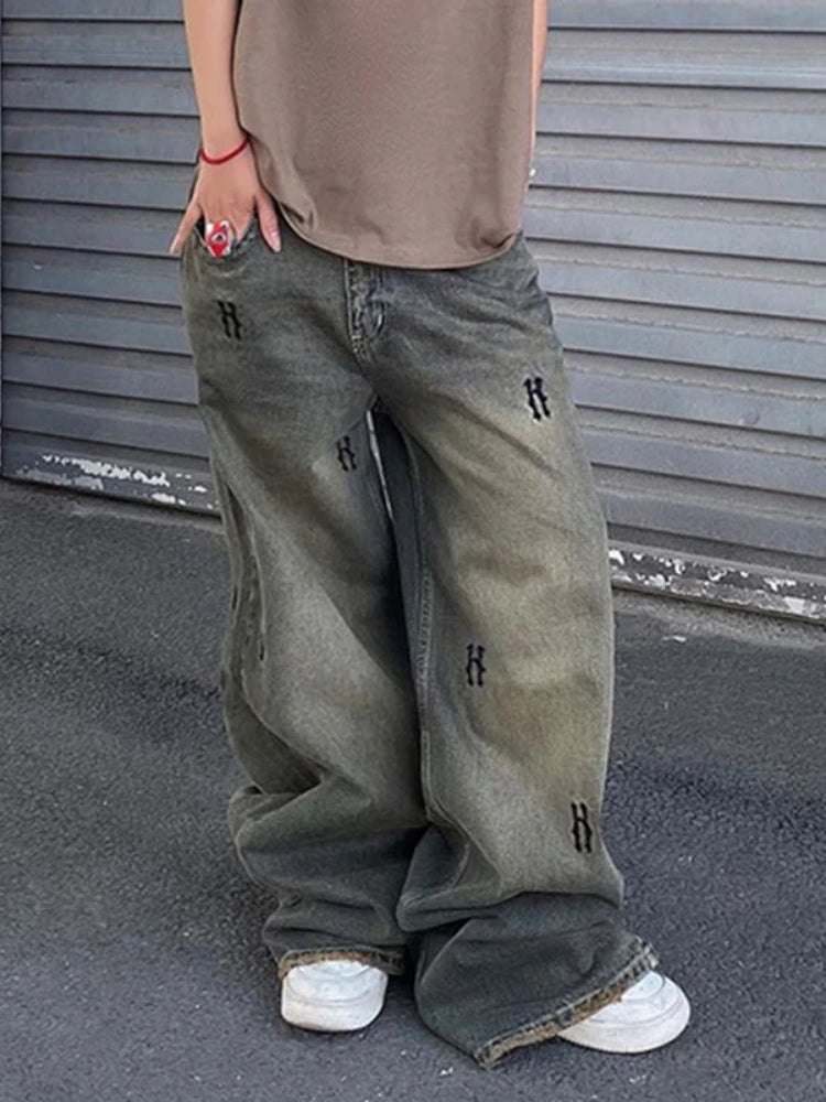 Street 90s Letter Printed Y2k Low Waist Jeans Vintage Baggy Jeans Women Casual Denim Pants Female Sexy Bottom Retro