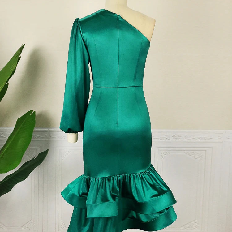 Green One Shoulder Dresses Elegant Women Long Sleeve Eimpire Bodycon Shiny Gowns Irregular Satin Outfit for Ladies Evening Party