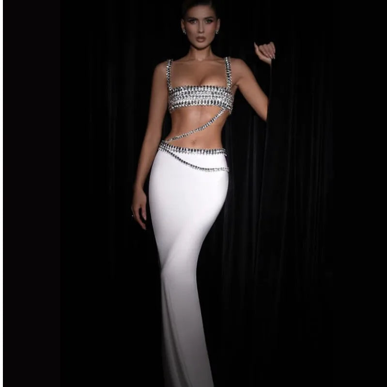 Shinning Big Crystal Women Sexy Strap Holes Bodycon Long Dress Fashion Celebrity Evening Party Red Carpet Dress Vestido