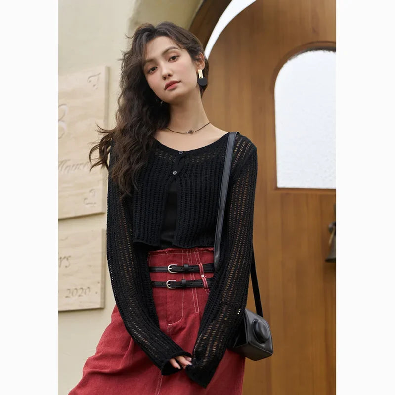 Hollow Out Knitted Cardigan Vest Two-piece Set for Women Summer Korean Sunscreen Single Breasted Sets Black One Size