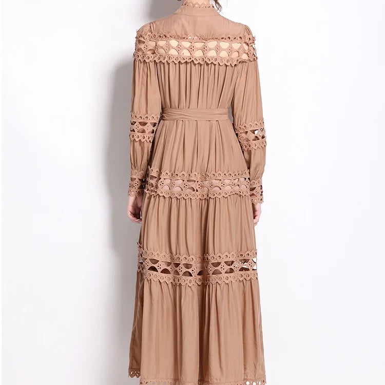 Spring Autumn Stand Collar Lace Hollowed Out Single Breasted Dress Women's Vintage Elegant Full Sleeve Rnnway Long Dress
