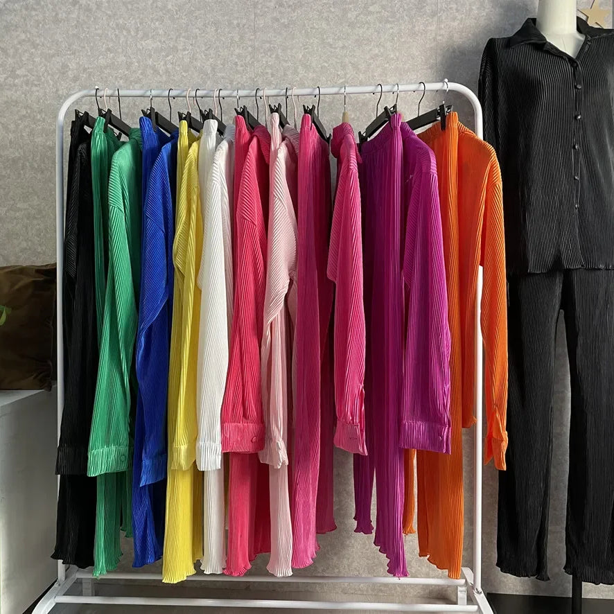 CM.YAYA Pleated Solid Women Set Long Sleeve Shirts and Straight Wide Leg Pants Suits Tracksuit Two Piece Set Fitness Outfits