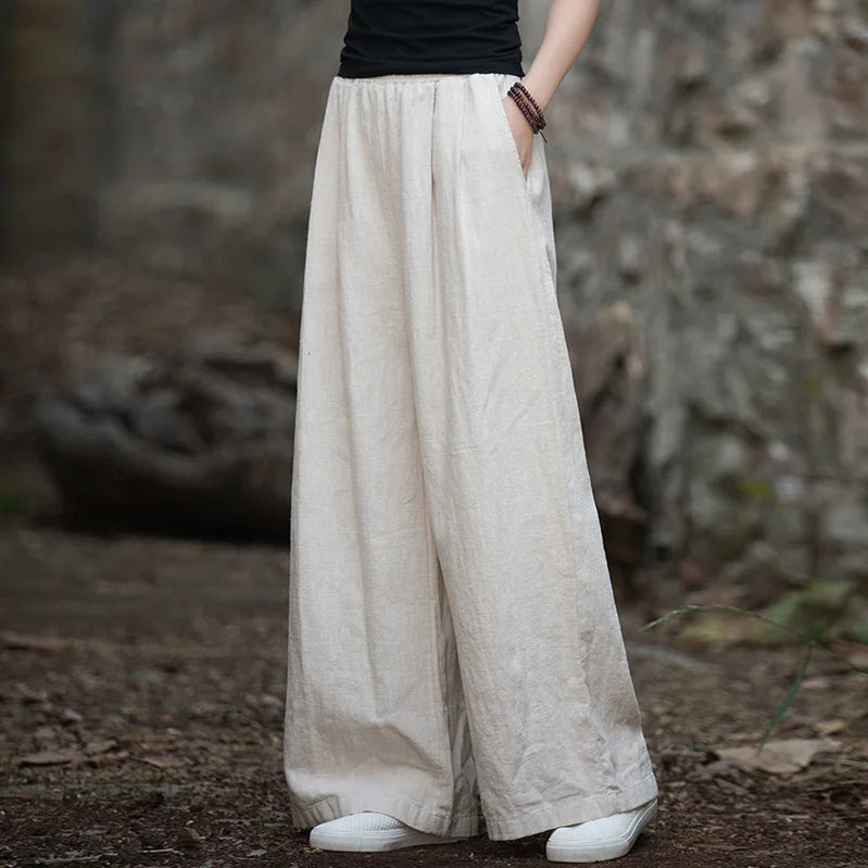 Vintage Casual Cotton Linen Female Pants Spring Summer Korean Style Elastic Waist Solid Women Long Straight Wide Leg Pants Linen One Size