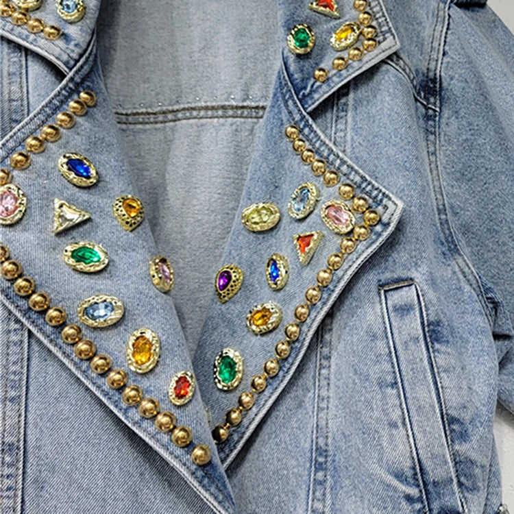 Women's Denim Coat Colored Embroidered Flares Rivet Long Sleeve Belt Waist Short Jackets Autumn New Fashion