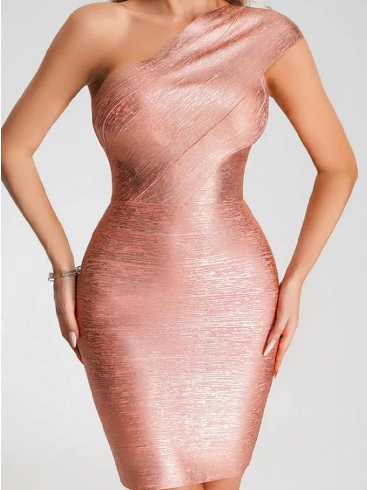 New Pink Foil Color Women Sexy One Shoulder Bodycon Mini Bandage Dress Celebrate Fashion Birthday Party Cocktail Dress