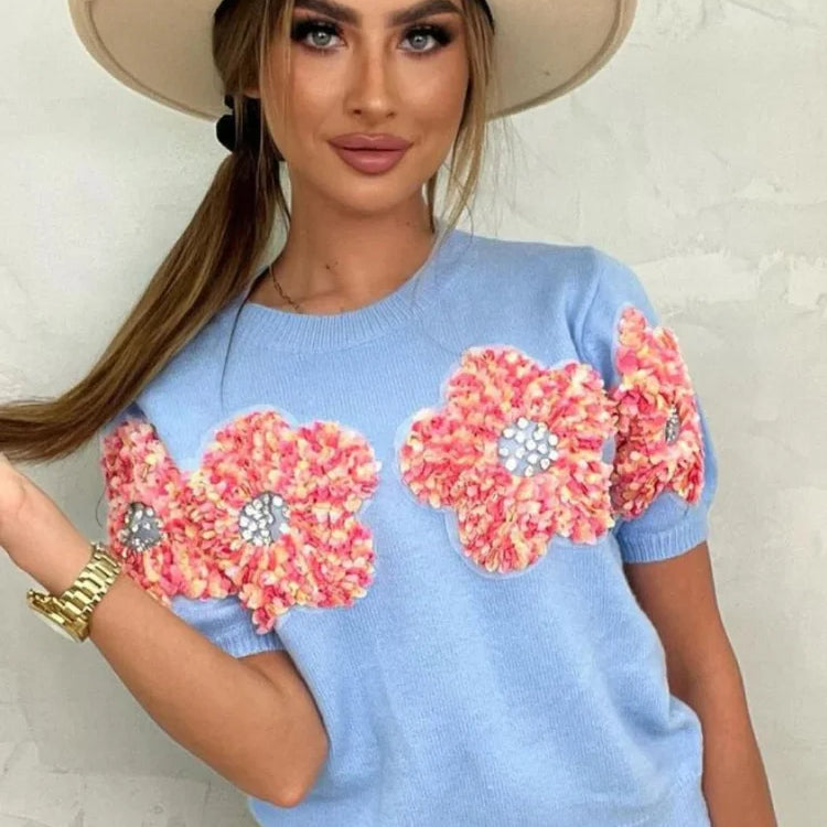 Fashion Women 3D Flower Knitted Sweater Elegant Lady O Neck Short Sleeved Pullover Tops Chic Female Commute Street Outfits Blue