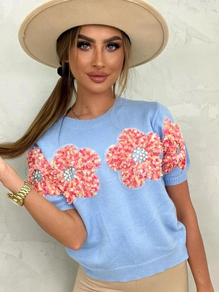 Fashion Women 3D Flower Knitted Sweater Elegant Lady O Neck Short Sleeved Pullover Tops Chic Female Commute Street Outfits Blue