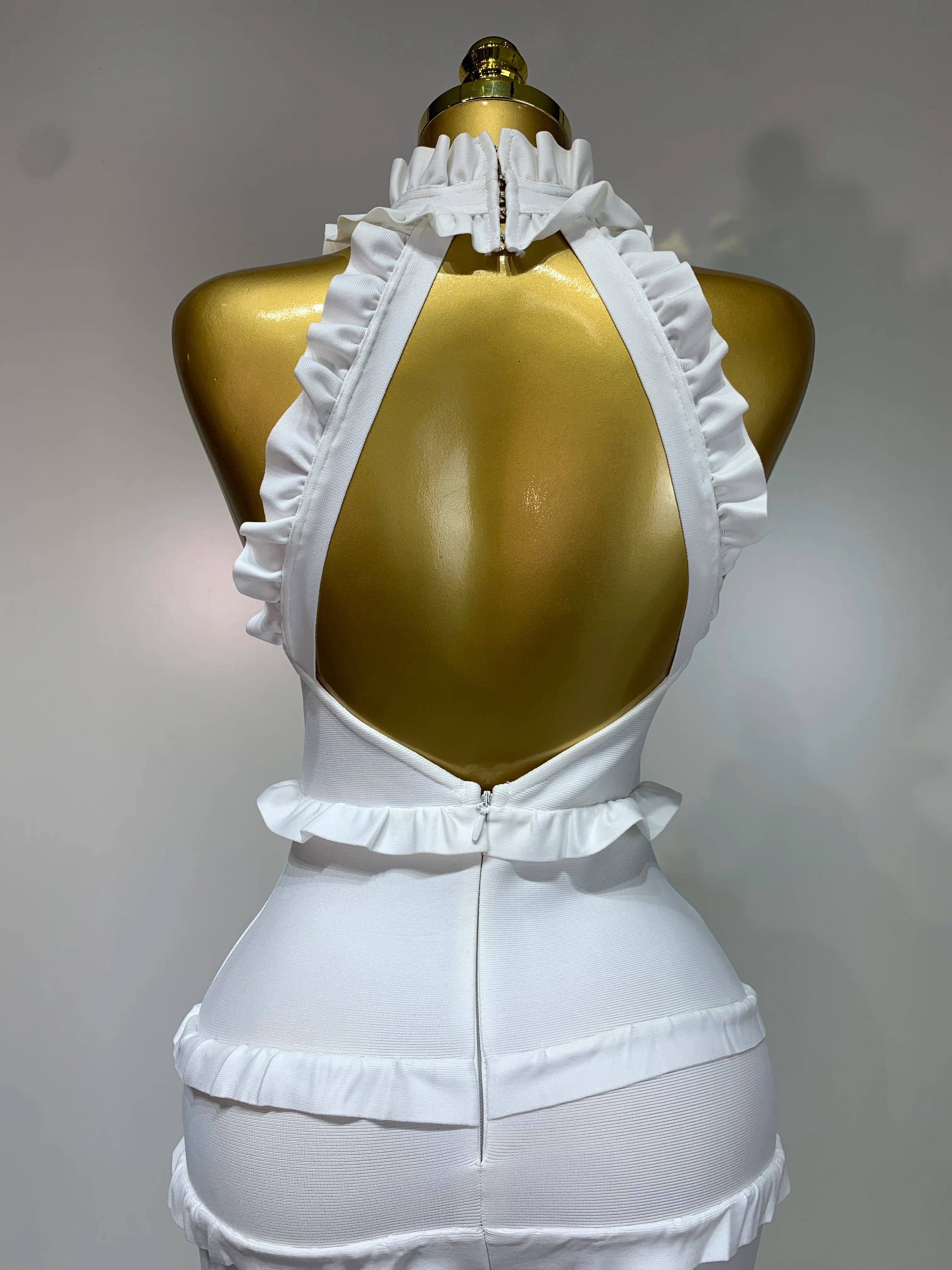 2025 New High quality White Elagant Retro Ruched High Collar Bodycon Bandage Dress Evening Party Fashion Simple Birthday Gown