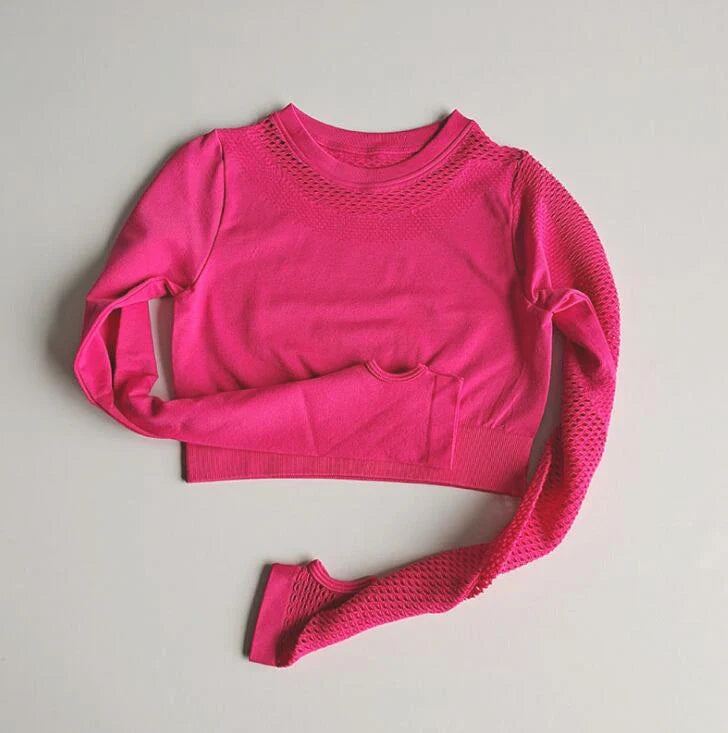 Seamless Yoga Set Sport Outfits Women 2pcs Two Piece Hollow Long Sleeve Crop top Leggings Workout Wear Gym Suit Fitness Sets Rose Red Top