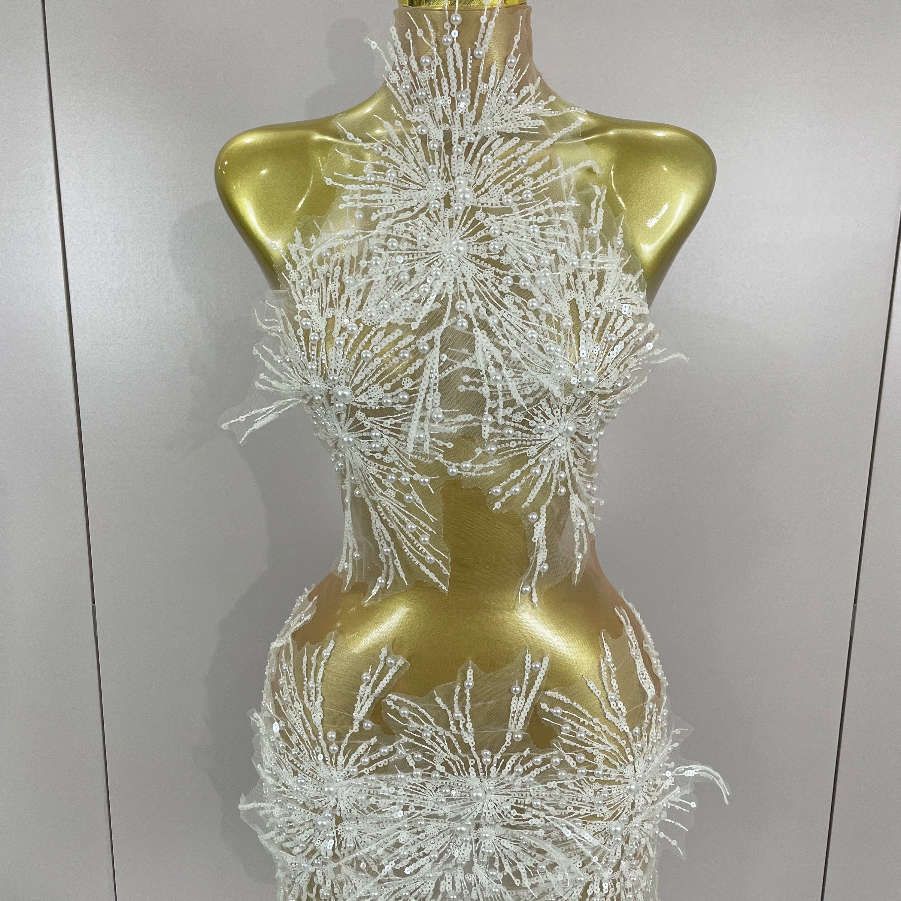 Stock Women Sexy Mesh See Through Pearl Lace Party Mini Dress Celebrate Birthday Photo Shoot Wear Performance Stage Costume