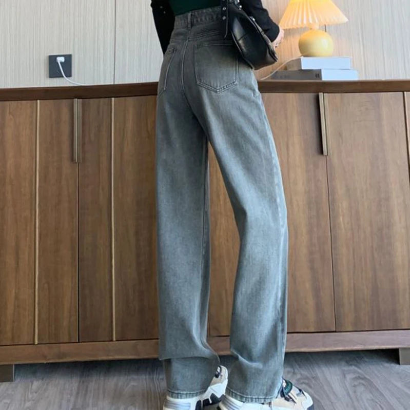 Khaki High Waist Design Denim Jeans Women's Autumn Spring New Loose Straight Wide Leg Long Design Fashion Pants