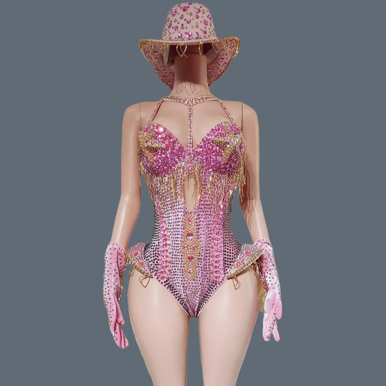 Luxury Women Crystals Tassel Bodysuit Set Cowboy Night Party Jumpsuit Stage Show Outfit Festival Celebrate Sexy Wear Hongding