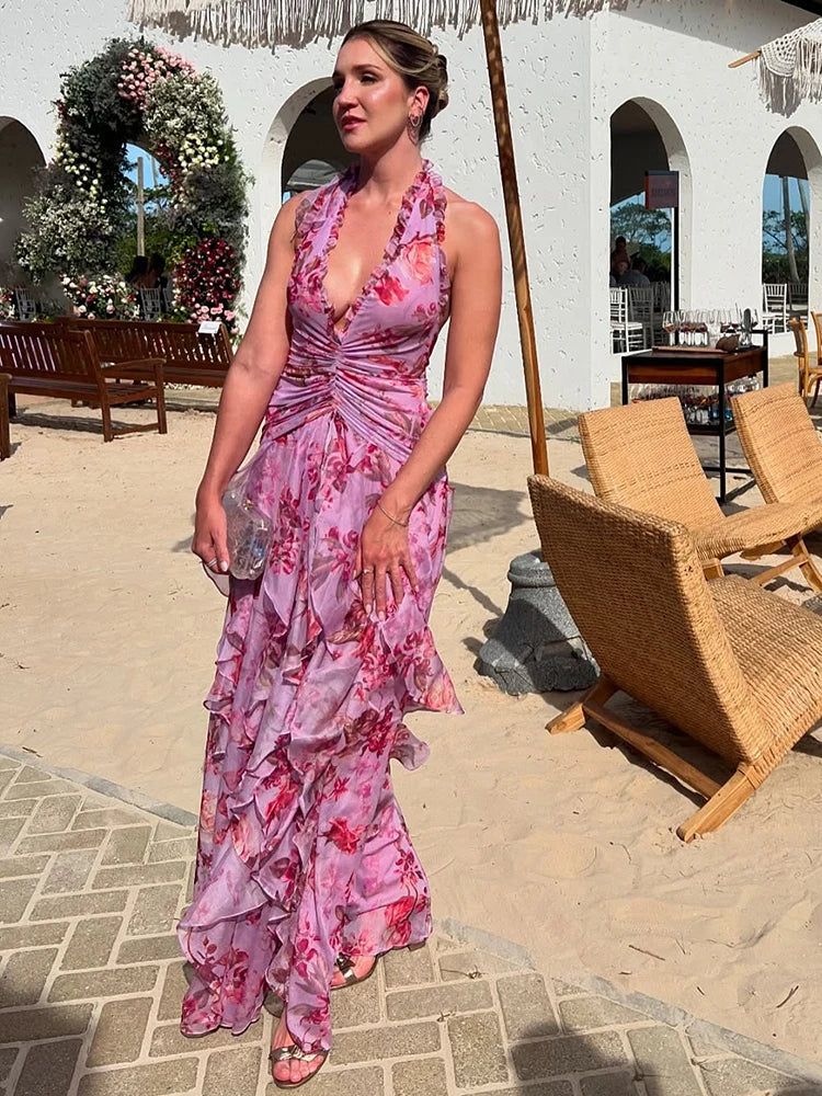 VC Elegant Pink Floral Halter-Style Ruffled Dress with Side Slit for High-Profile Outdoor Occasions Evening Gown
