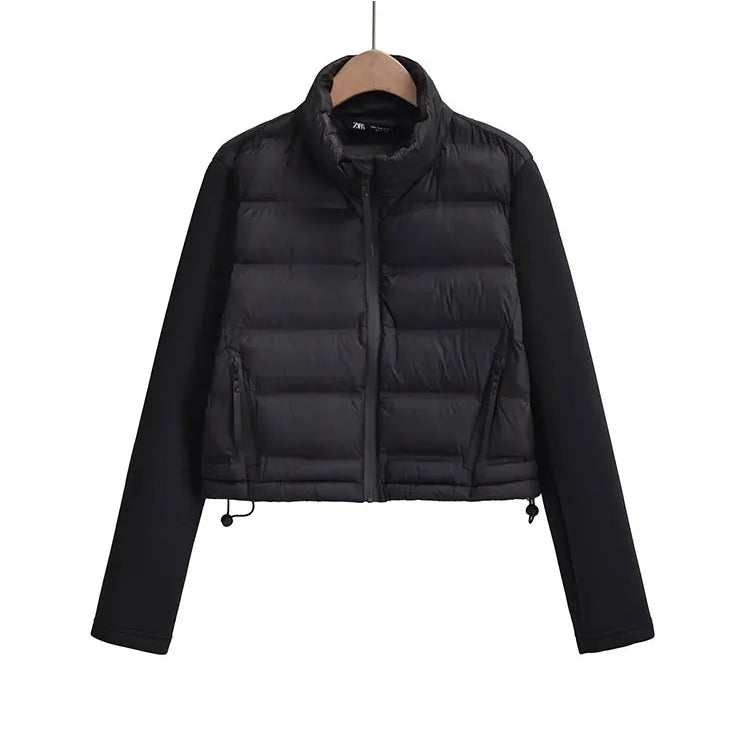 Nlzgmsj TRAF Women Fashion Side Pockets decoration Cropped Patchwork Coat Vintage Long Sleeve Zipper Outerwear Chic Tops black