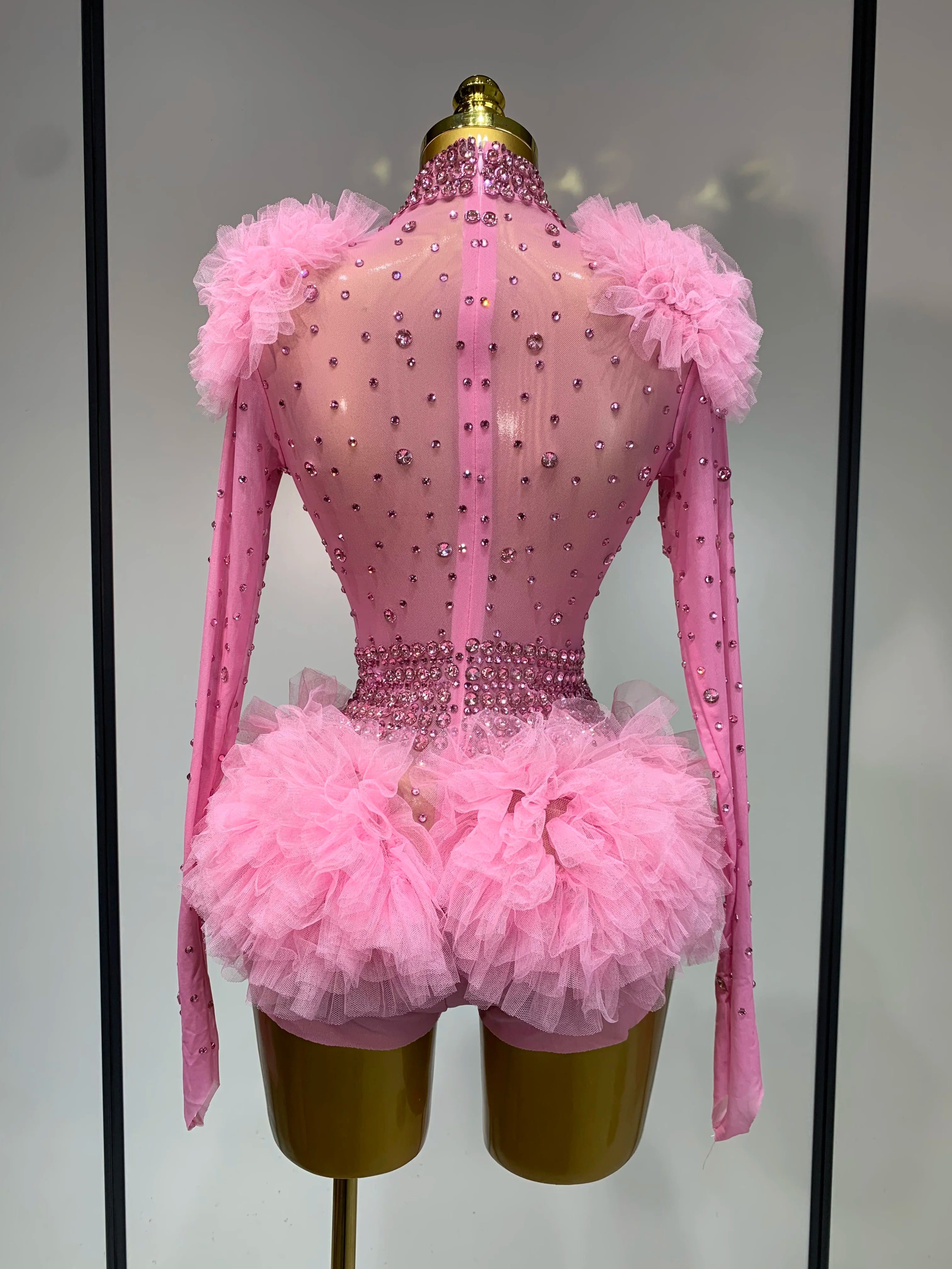 Sexy See Through Rhinestone Bodysuit 2025 Women Sexy Tight Mesh Ruffles Performance Dancer Singer Costume Nightclub Stage Outfit