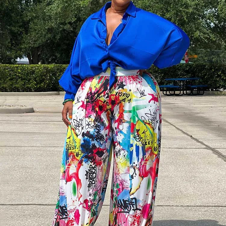 2piece Woman Outfit Streetwear Blue Silk Blouses Women Plus Size Autumn Top and Pants Suits 4xl Casual Female Pants Sets