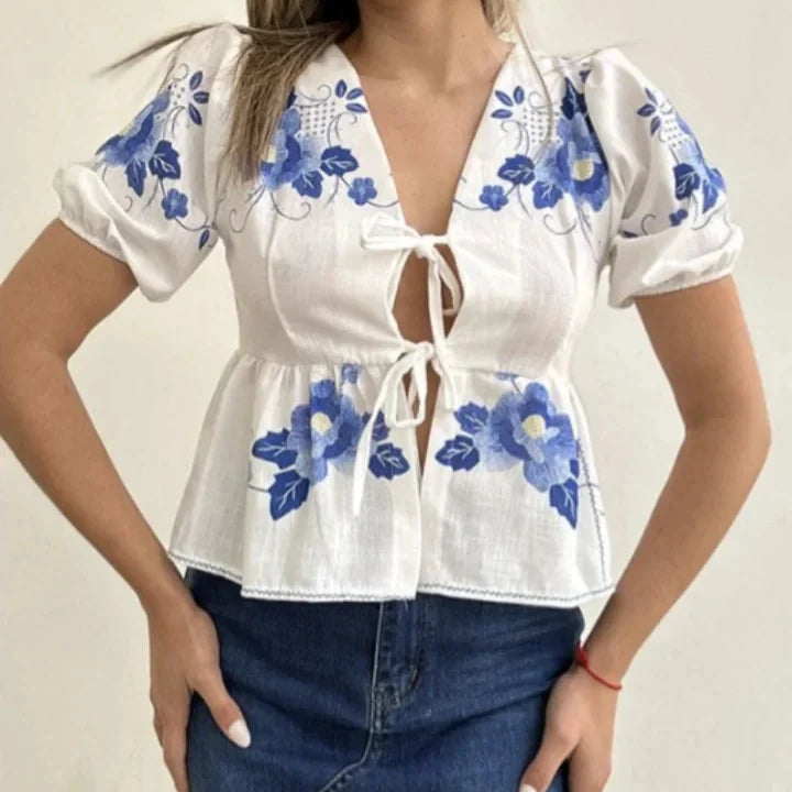 Fashion Print Bow Lace Up Women Blouses Loose V-neck Short Puff Sleeve Female Shirts Spring Summer Casual Lady Flower Tops