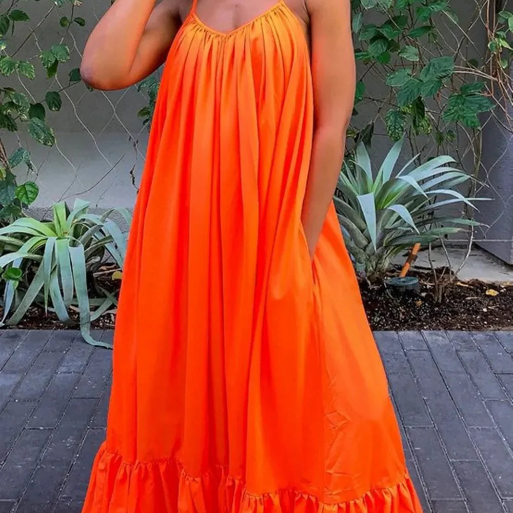 CMYAYA Women Summer Long Maxi Dress Sexy Sleeveless Strap Loose Beach Party Night Club Bandage Female S-5XL Dresses Vestido ORANGE