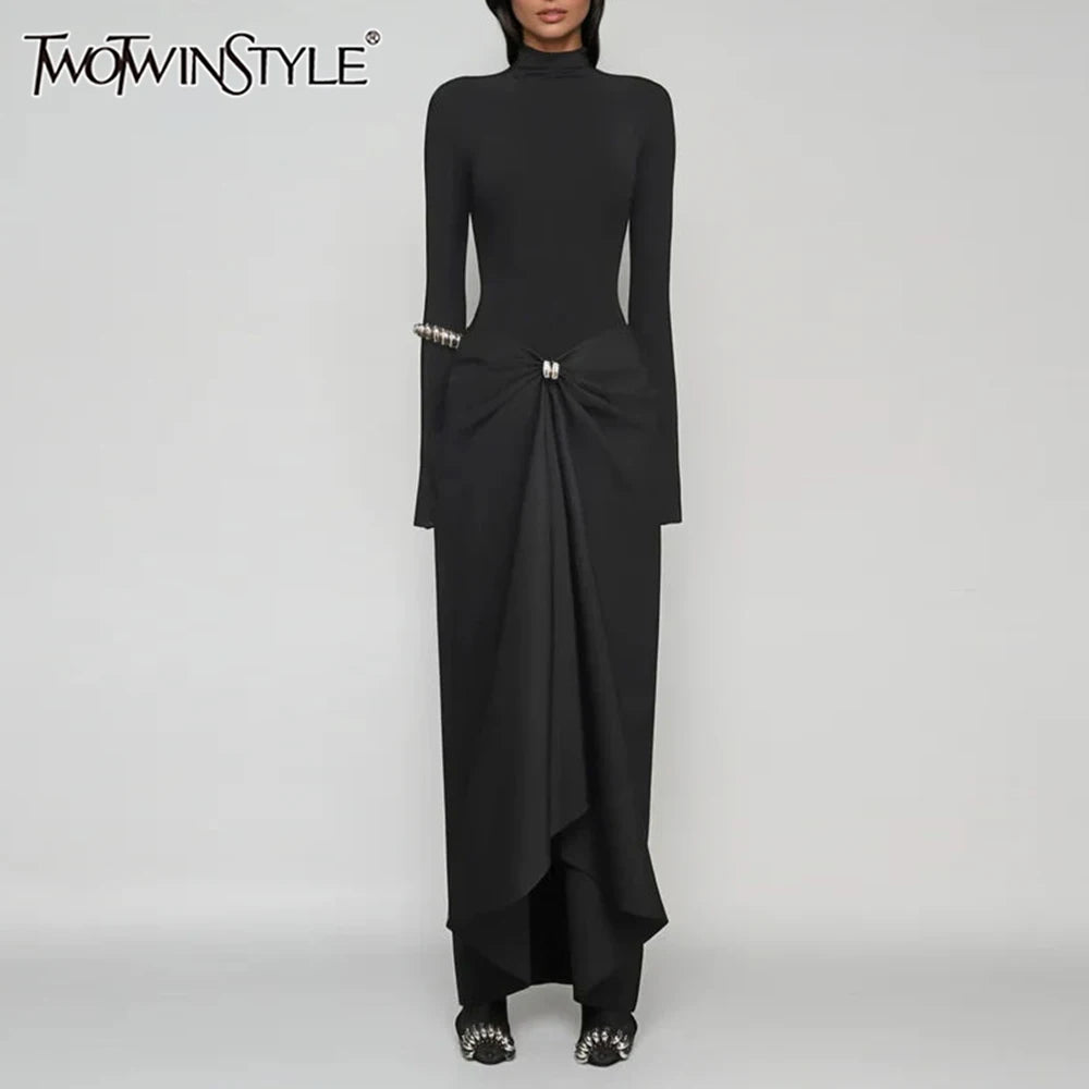 TWOTWINSTYLE Slimming Two Piece Sets for Women High Neck Long Sleeves Minimalism Top High Waist Patchwork Folds Skirt Female New