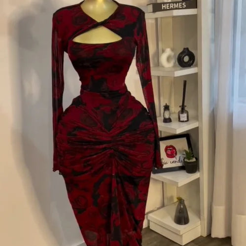 CM.YAYA Women Draped V-neck Cutout Front Ruched Stacked Bodycon Midi Long Maxi Dress 2025 Night Club Party Vestidos Sexy Dresses