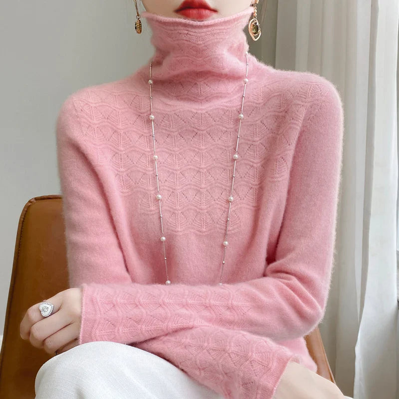 Fashion Cashmere Jumper 100% Merino Wool Pullover Winter High Neck Solid Long Sleeve Women's Seamless Hollow out Knitted Sweater pink