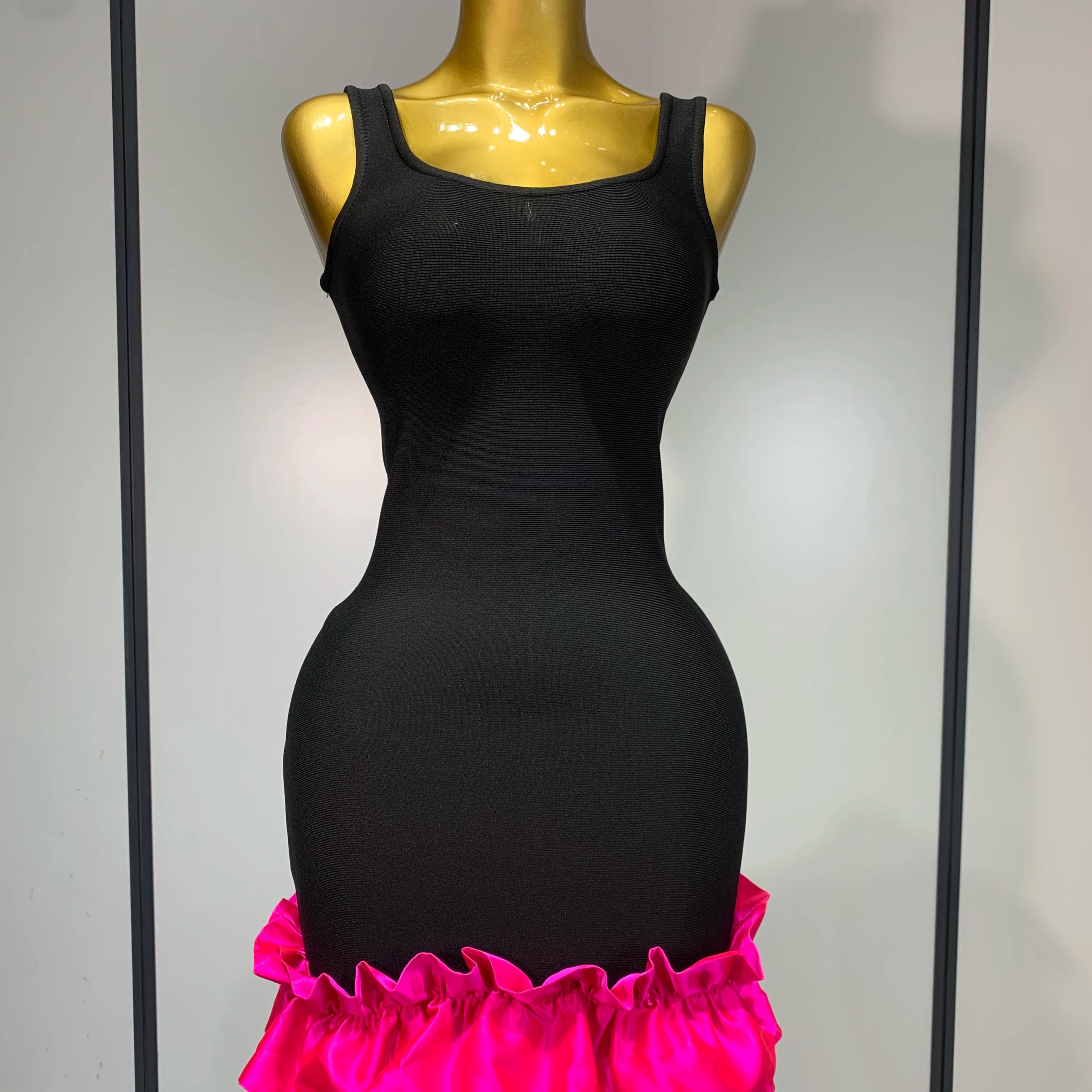 Women Spaghetti Strap Bodycon Short Dress Black Pleated Ruffle Hem Sleeveless Evening Party Cocktail Elegant Birthday Dresses