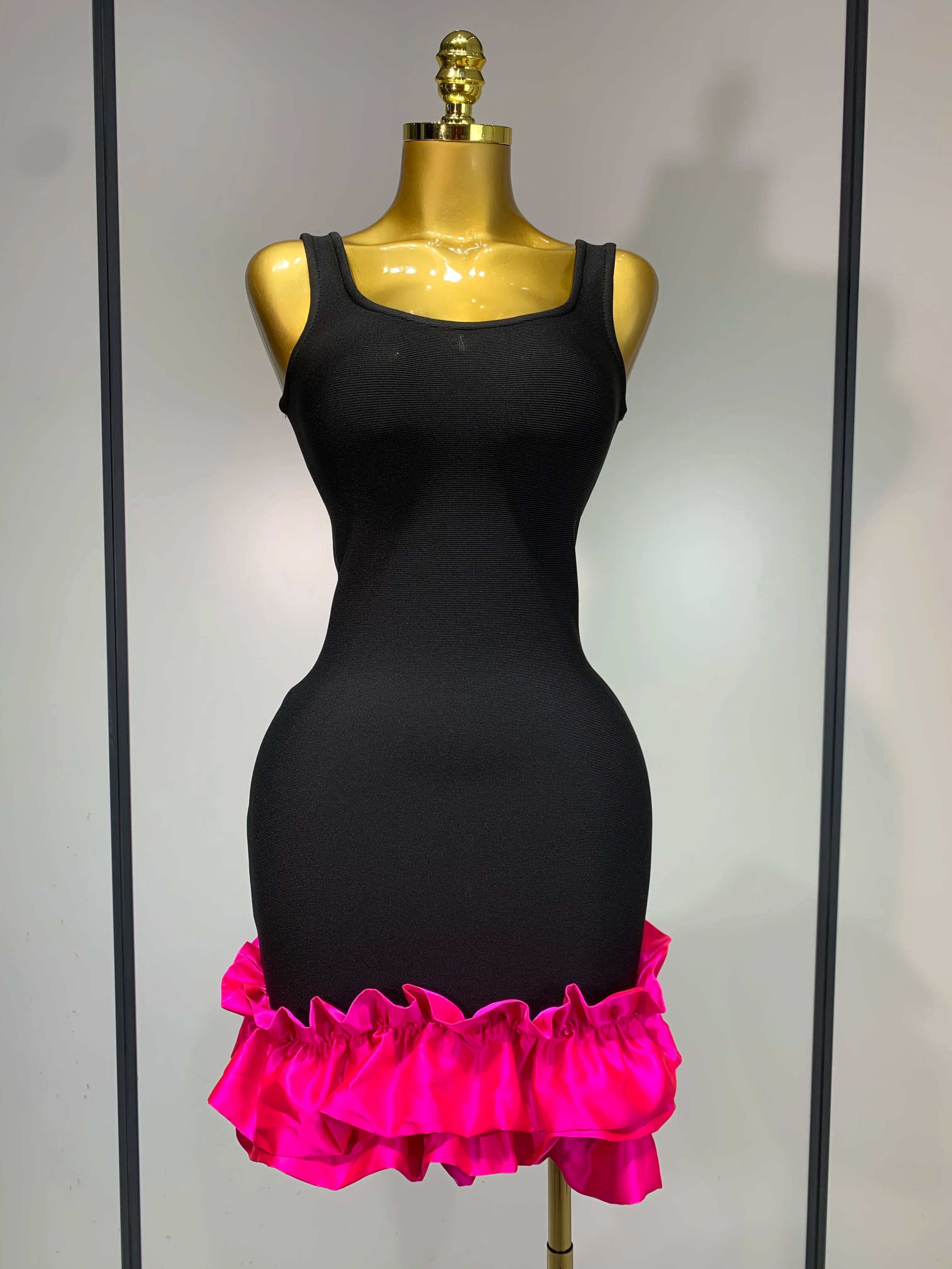 Women Spaghetti Strap Bodycon Short Dress Black Pleated Ruffle Hem Sleeveless Evening Party Cocktail Elegant Birthday Dresses