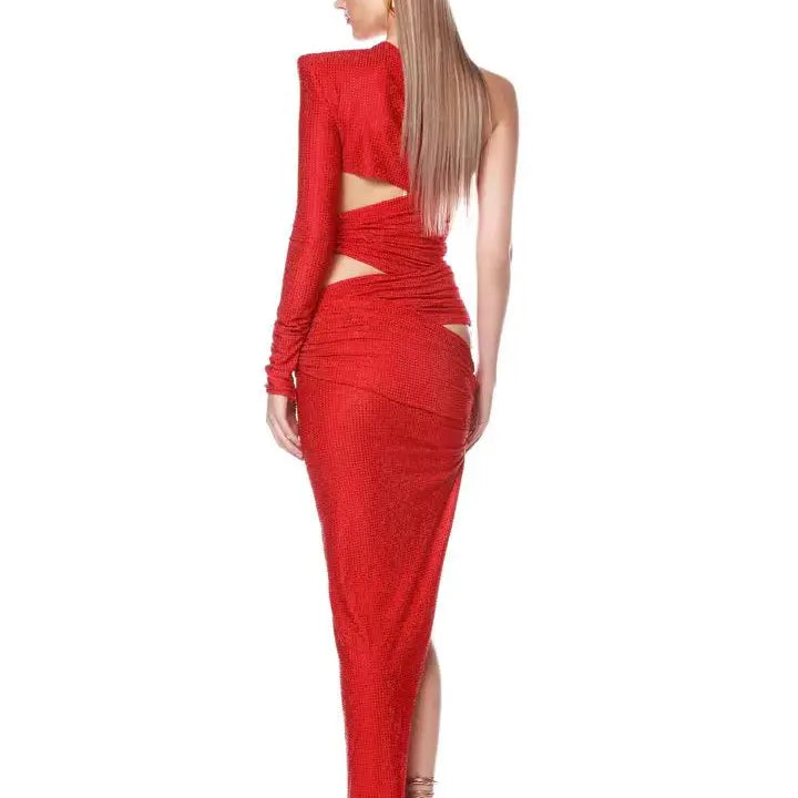 Shinning Rhinestones Women Sexy One Shoulder Bodycon Long Dress Wedding Memaid Party Celebrate Cocktail Dress Vestido