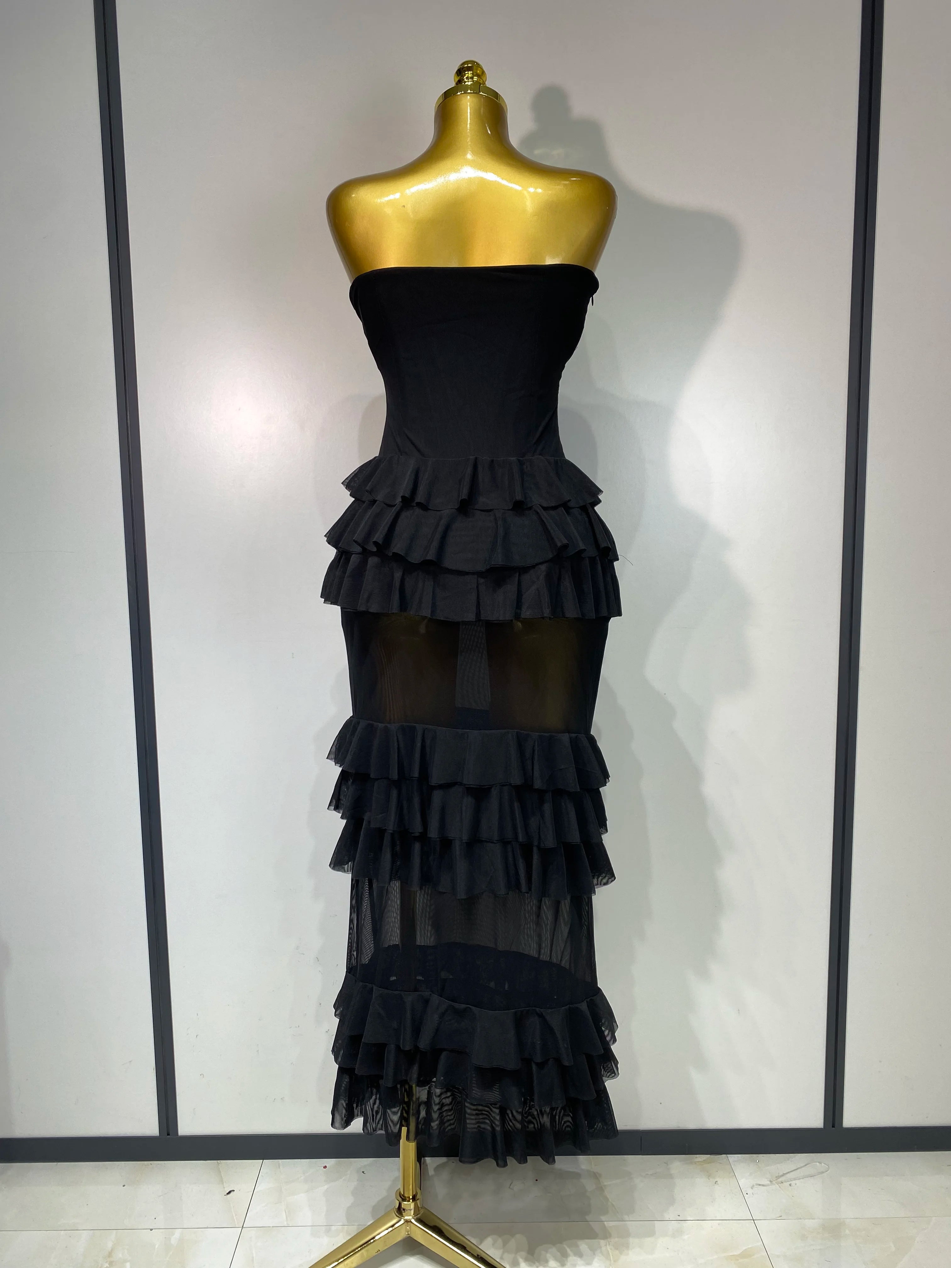 Women Sexy Strapless Ruffles Long Dress Black Backless Mesh See Through Design Dresses Evening Party Cocktail Birthday Dress