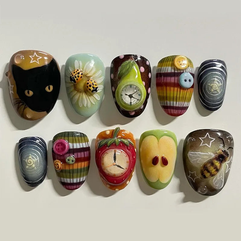 24Pcs Mid-length Almond Press on Fake Nails with Insect Flower Button Design Full Cover Nails Tips Reusable Finished False Nails