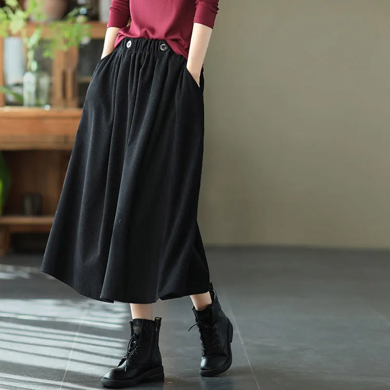 Retro Corduroy Skirts Long for Women Autumn Winter Fashion Korean Streetwear Harajuku Midi Japanese Style Skirt Elegant Woman black