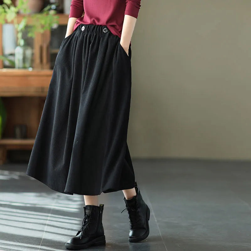 Retro Corduroy Skirts Long for Women Autumn Winter Fashion Korean Streetwear Harajuku Midi Japanese Style Skirt Elegant Woman black