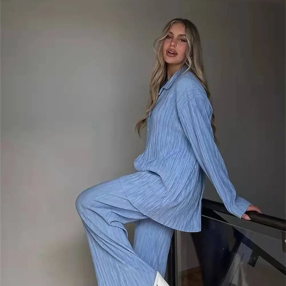 CM.YAYA Street Women's Set Long Sleeve Shirt Tops and Wide Leg Pants Elegant Tracksuit Two Piece Set Sweatsuit Fitness Outfits