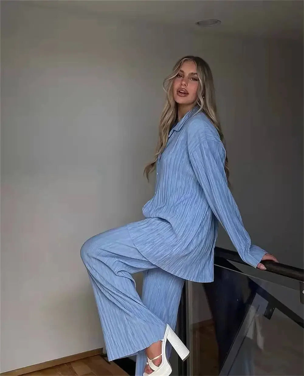 CM.YAYA Street Women's Set Long Sleeve Shirt Tops and Wide Leg Pants Elegant Tracksuit Two Piece Set Sweatsuit Fitness Outfits