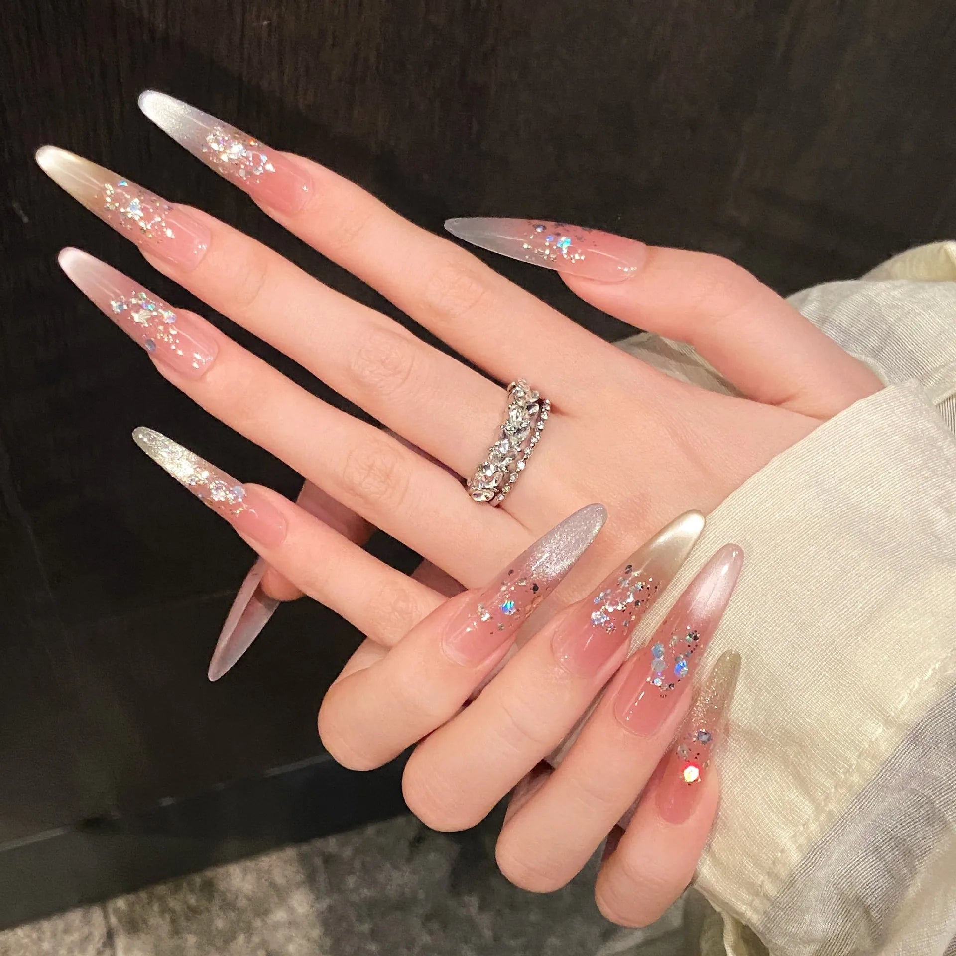 10Pcs Naked Color Cat Eye Glitter Handmade False Nails Long Stiletto Almond French White Flowers Fake Nails Tips Reusable Nails