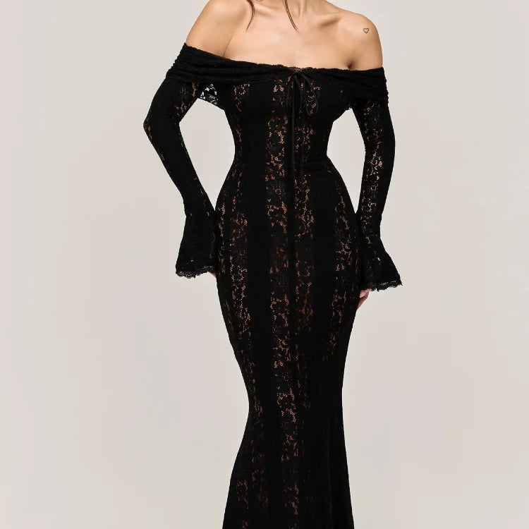 Vintage Cream Floral Lace Off Shoulder Maxi Dress Fashion Flare Long Sleeve Hollow Out Slim Dresses 2024 Elegant Lady Party Robe