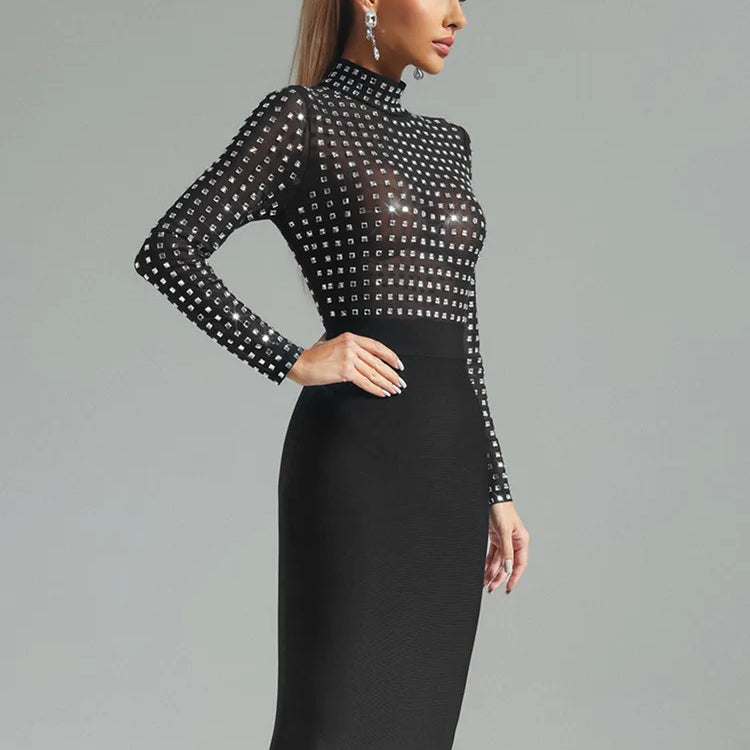est Women Celebrity Sexy Turtleneck Rhinestone Black Midi Bodycon Bandage Dress Elegant Evening Club Party Dress