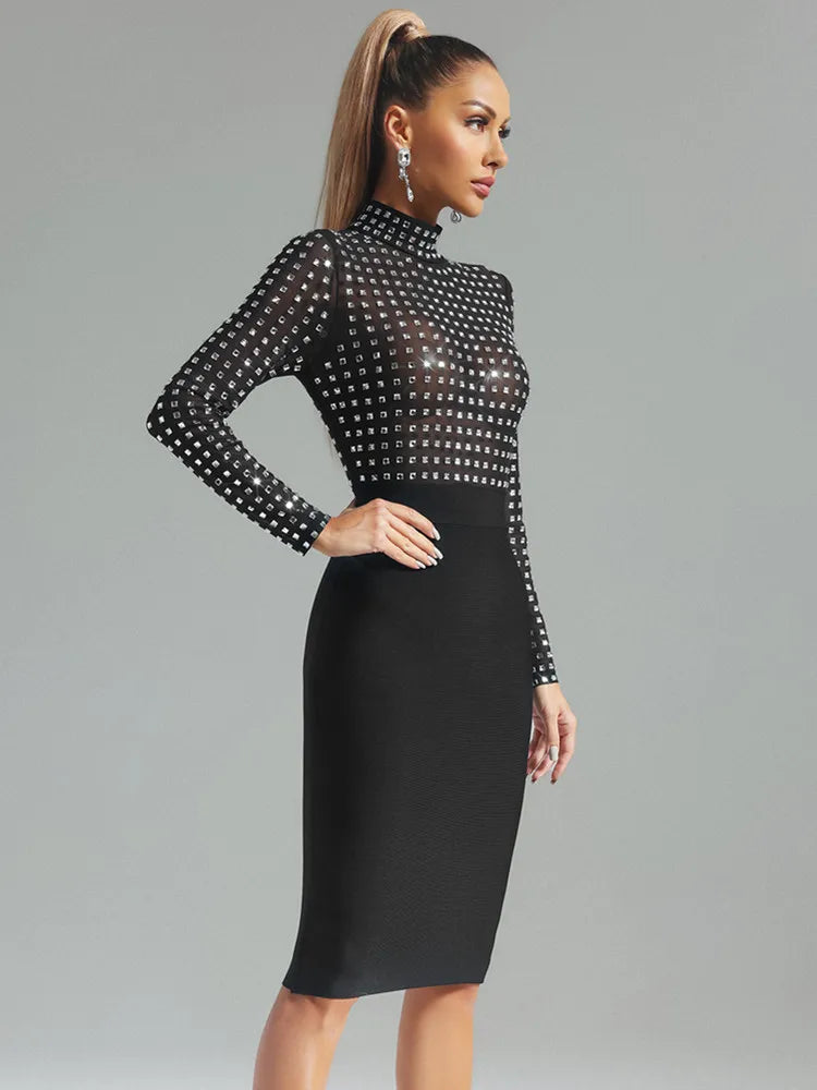est Women Celebrity Sexy Turtleneck Rhinestone Black Midi Bodycon Bandage Dress Elegant Evening Club Party Dress