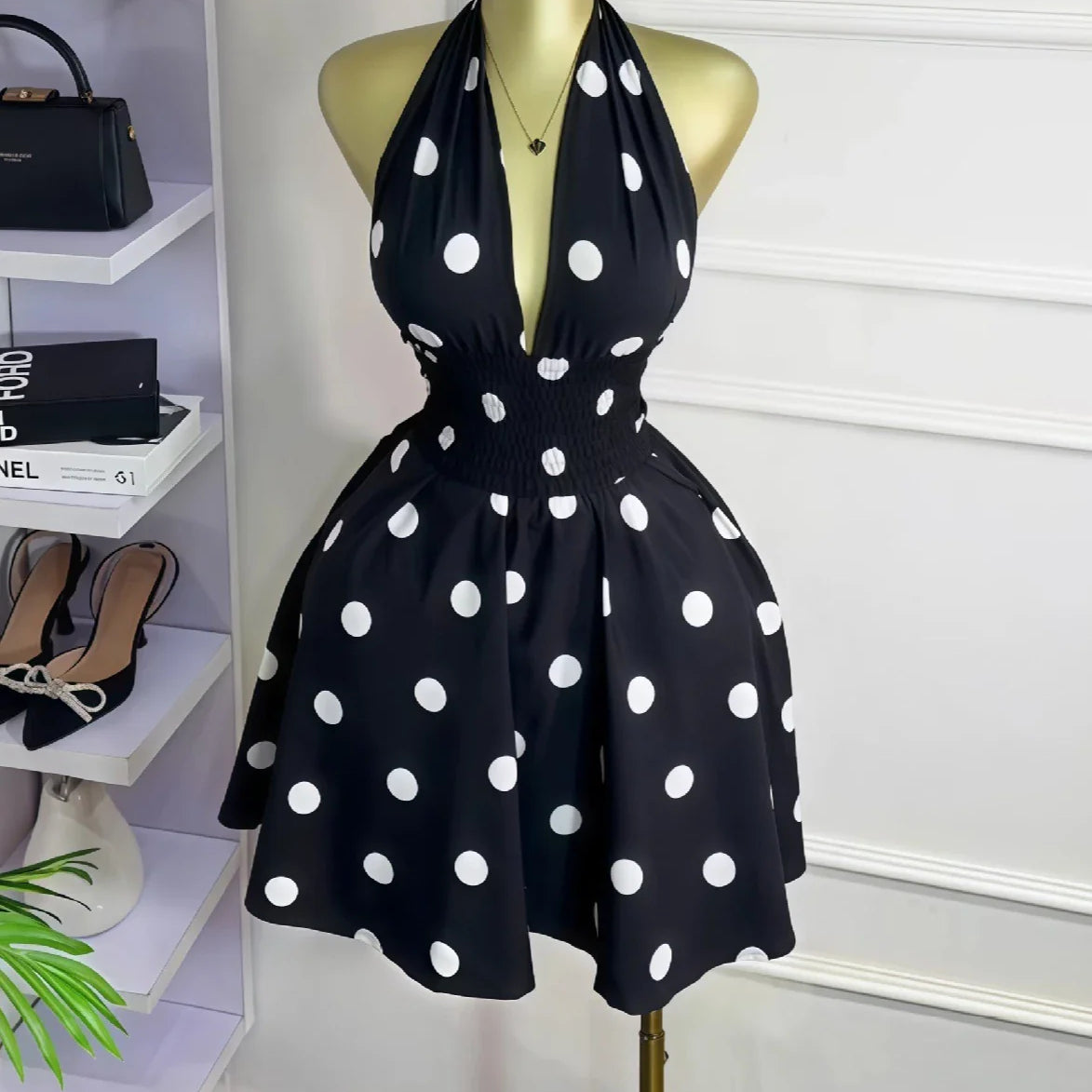 CM.YAYA Women Dot Printed Sleeveless Halter V-neck Big Swing A-line Mini Dress 2025 Summer Vacation Sexy Party Evening Dresses black